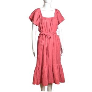 Time And Tru Womans Size M Dress Flutter Sleeve Tie Belt Pink Coral Midi Flounce